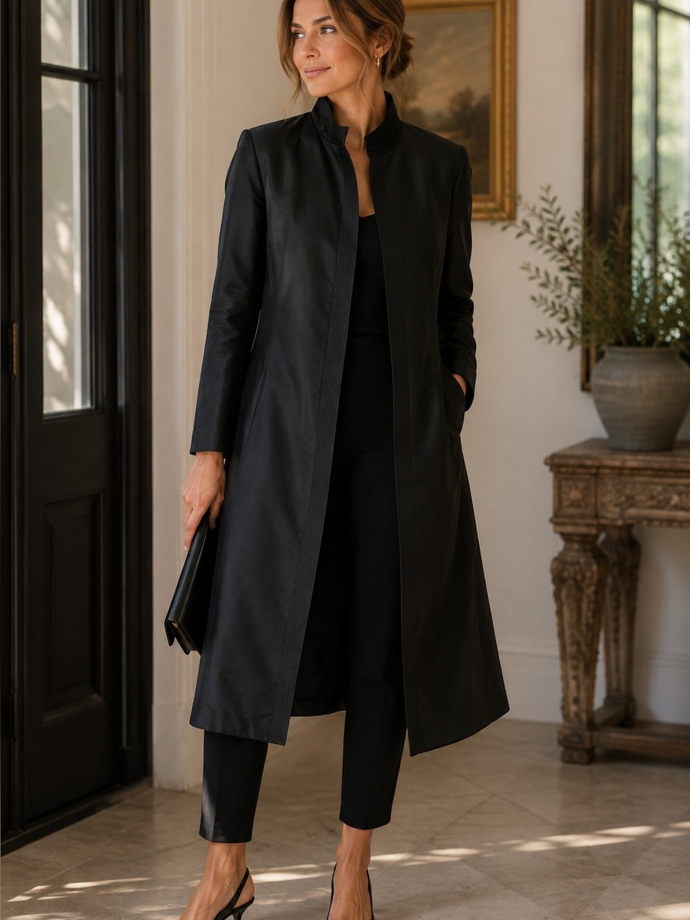 100% Silk Black Open Front Topper Coat Valerie Stevens Size 14